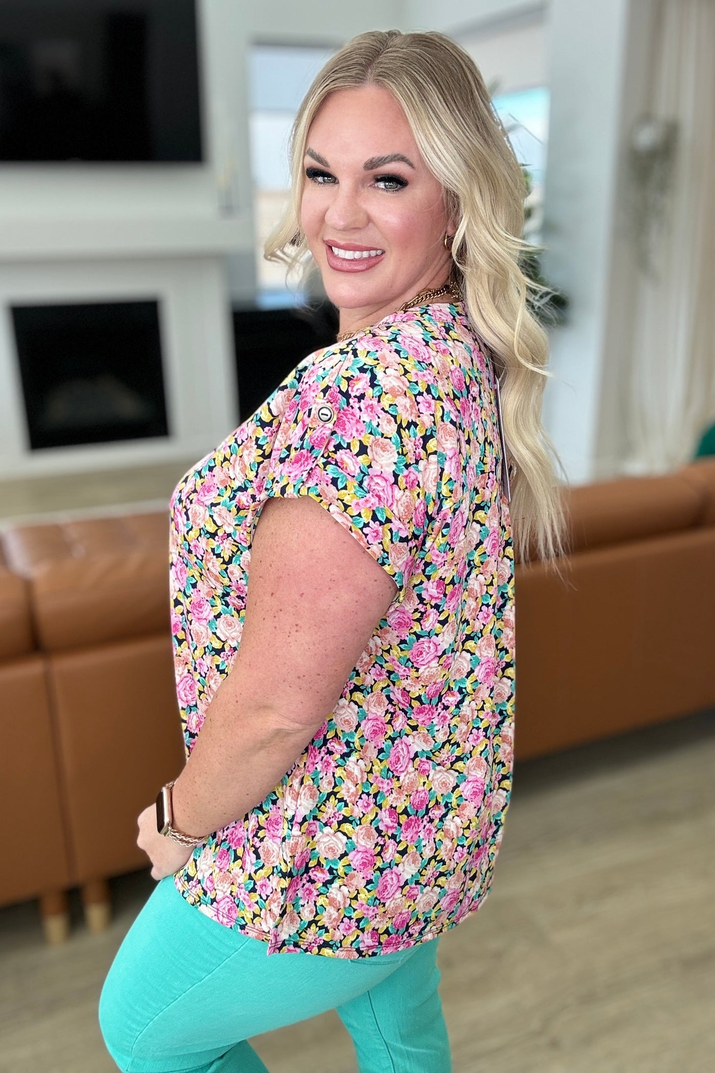 Lizzy Cap Sleeve Top in Navy and Rose Ditsy Floral-Tops-Ave Shops-Market Street Nest, Fashionable Clothing, Shoes and Home Décor Located in Mabank, TX