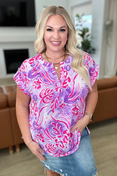 Lizzy Cap Sleeve Top in Purple and Hot Pink Watercolor-Tops-Ave Shops-Market Street Nest, Fashionable Clothing, Shoes and Home Décor Located in Mabank, TX