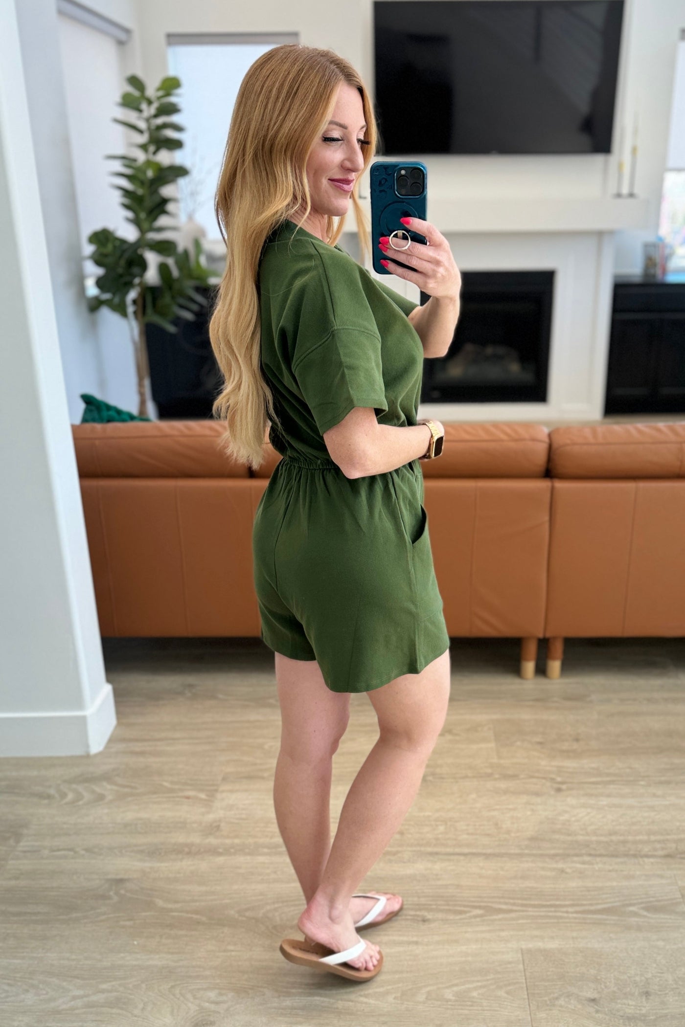 Short Sleeve V-Neck Romper in Army Green-Jumpsuits & Rompers-Ave Shops-Market Street Nest, Fashionable Clothing, Shoes and Home Décor Located in Mabank, TX