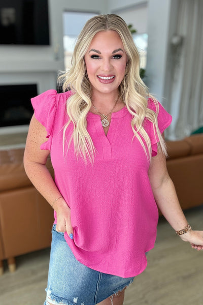 Crinkle Split Neckline Flutter Sleeve Top in Hot Pink-Tops-Ave Shops-Market Street Nest, Fashionable Clothing, Shoes and Home Décor Located in Mabank, TX