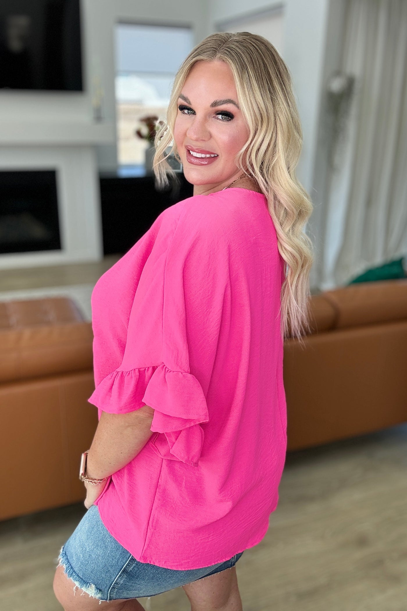 Airflow Peplum Ruffle Sleeve Top in Fuchsia Pink-Tops-Ave Shops-Market Street Nest, Fashionable Clothing, Shoes and Home Décor Located in Mabank, TX