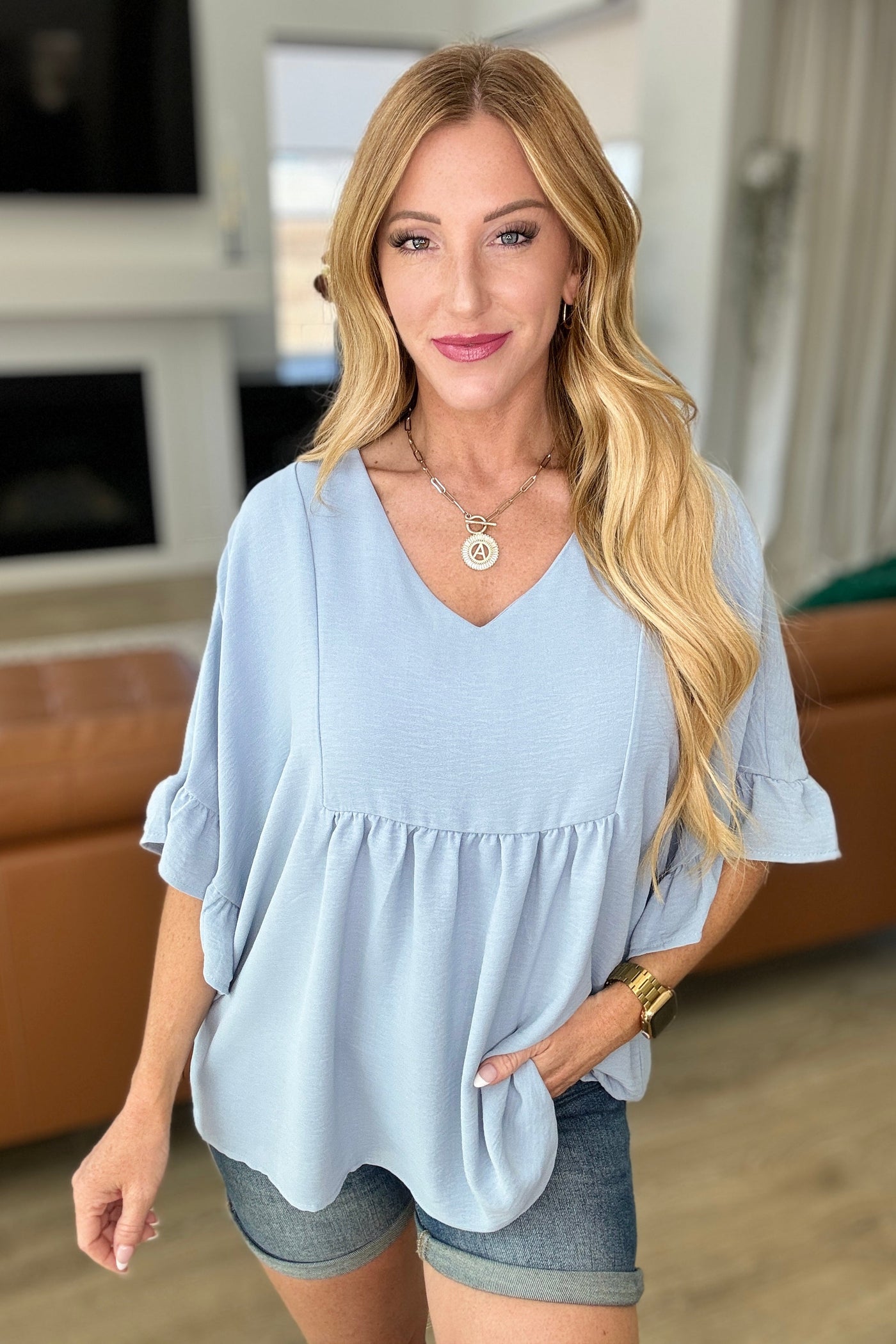 Airflow Peplum Ruffle Sleeve Top in Chambray-Tops-Ave Shops-Market Street Nest, Fashionable Clothing, Shoes and Home Décor Located in Mabank, TX