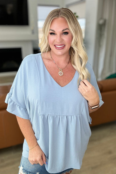 Airflow Peplum Ruffle Sleeve Top in Chambray-Tops-Ave Shops-Market Street Nest, Fashionable Clothing, Shoes and Home Décor Located in Mabank, TX
