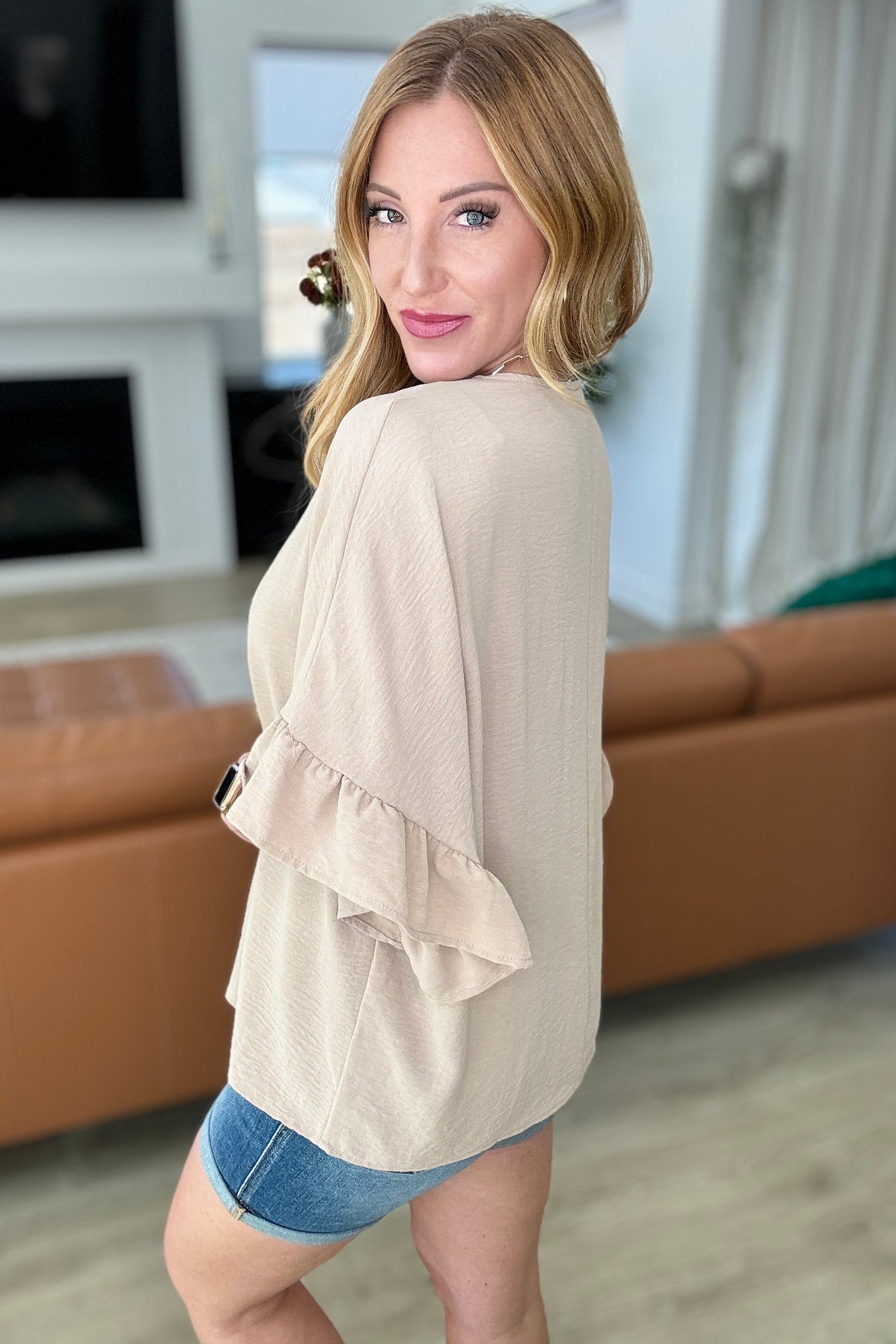 Airflow Peplum Ruffle Sleeve Top in Taupe-Tops-Ave Shops-Market Street Nest, Fashionable Clothing, Shoes and Home Décor Located in Mabank, TX