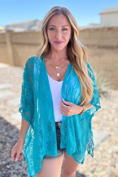 Good Days Ahead Lace Kimono In Teal-Layers-Ave Shops-Market Street Nest, Fashionable Clothing, Shoes and Home Décor Located in Mabank, TX