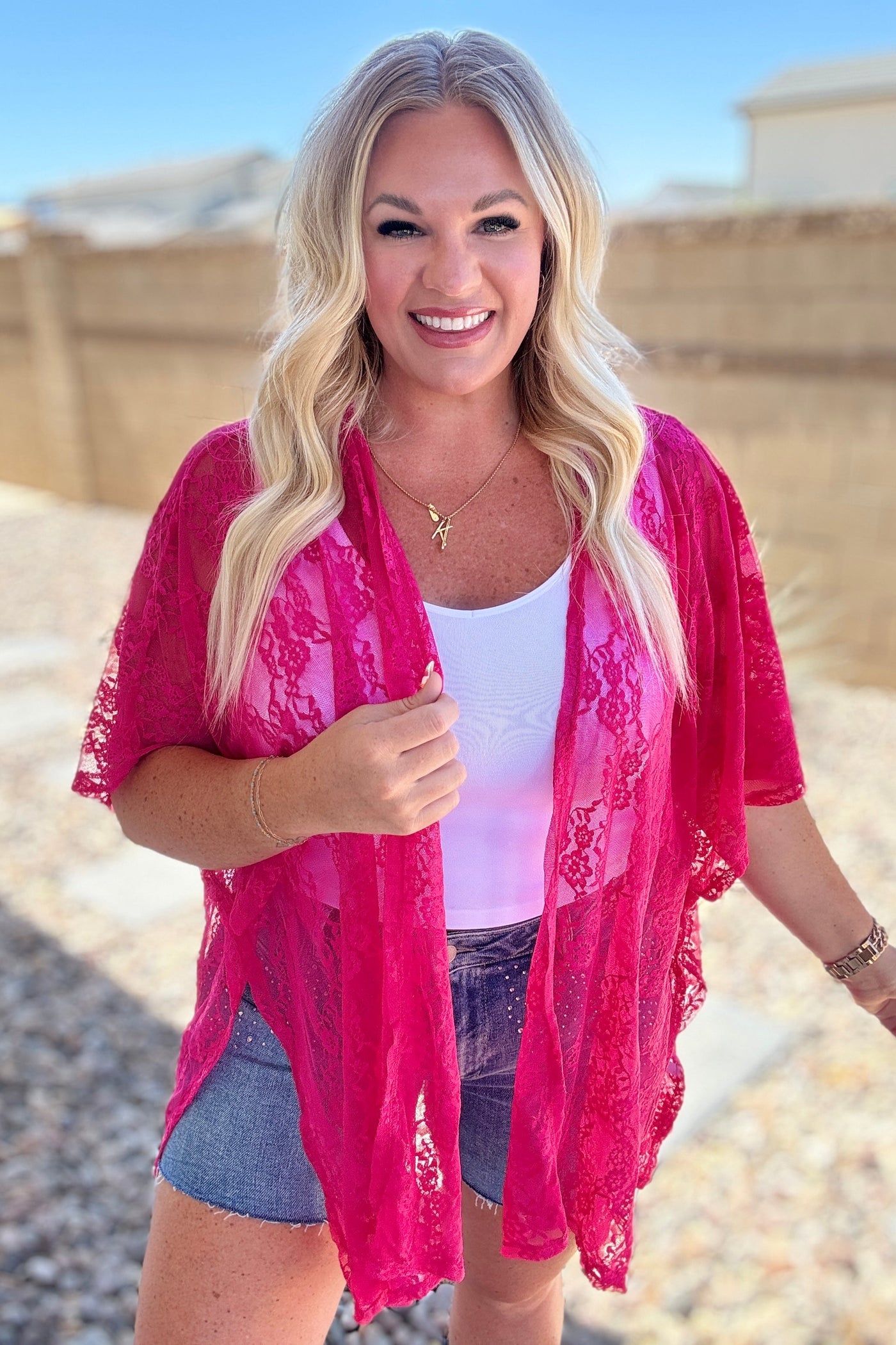Good Days Ahead Lace Kimono In Fuchsia-Layers-Ave Shops-Market Street Nest, Fashionable Clothing, Shoes and Home Décor Located in Mabank, TX
