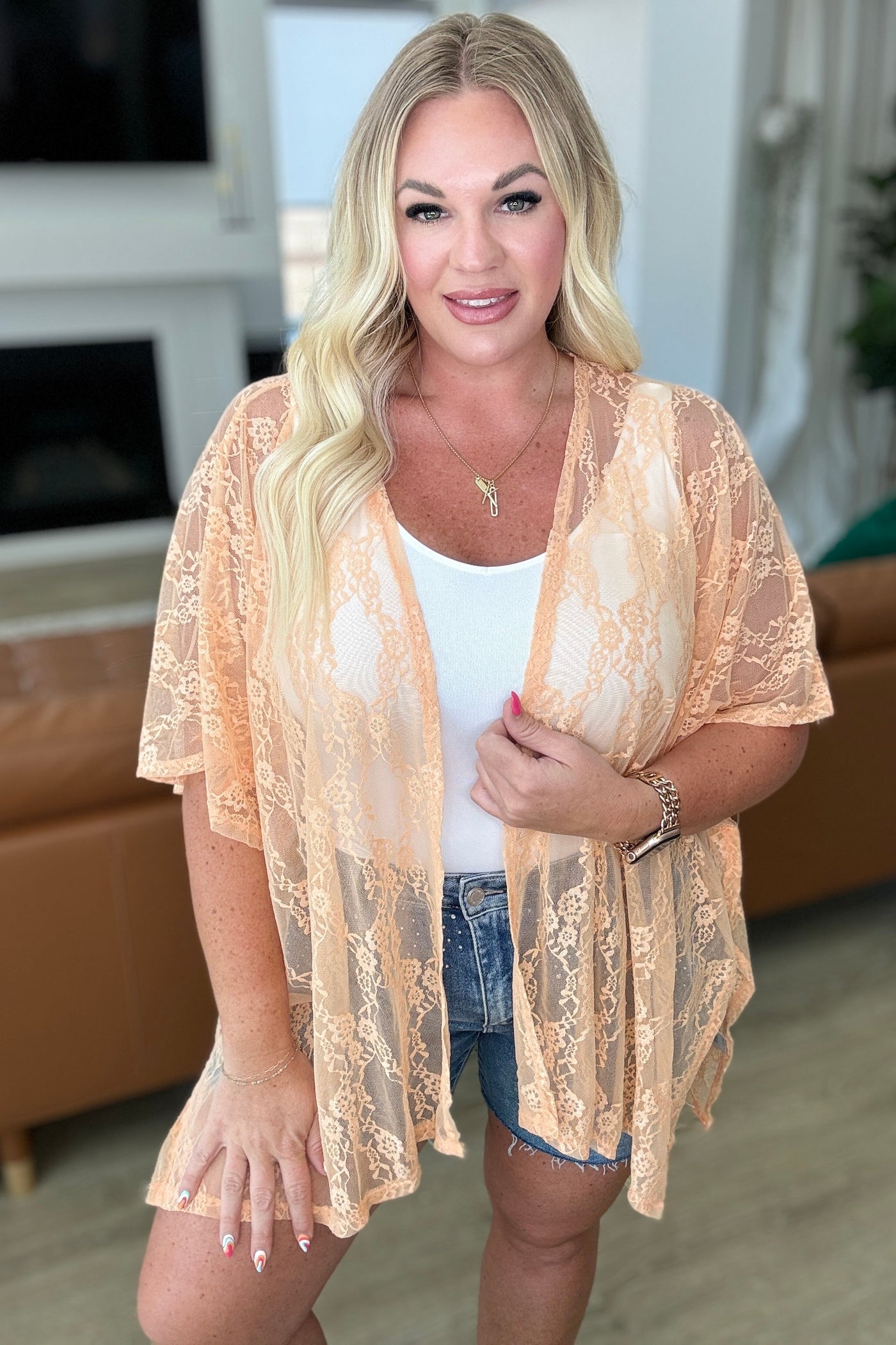 Good Days Ahead Lace Kimono In Peach-Layers-Ave Shops-Market Street Nest, Fashionable Clothing, Shoes and Home Décor Located in Mabank, TX