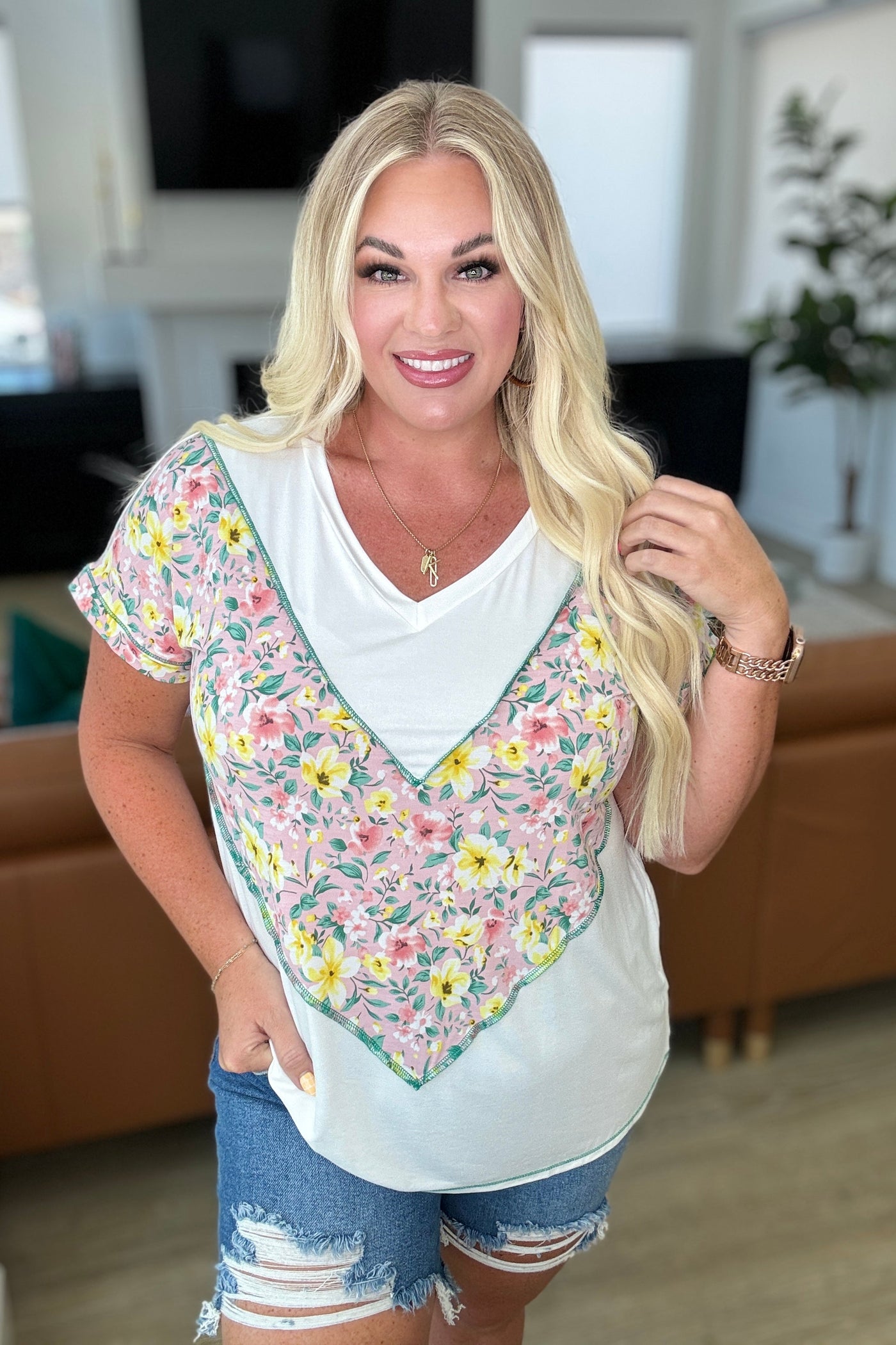 To Rock a Rhyme Color Block Top in Pink Floral-Tops-Ave Shops-Market Street Nest, Fashionable Clothing, Shoes and Home Décor Located in Mabank, TX