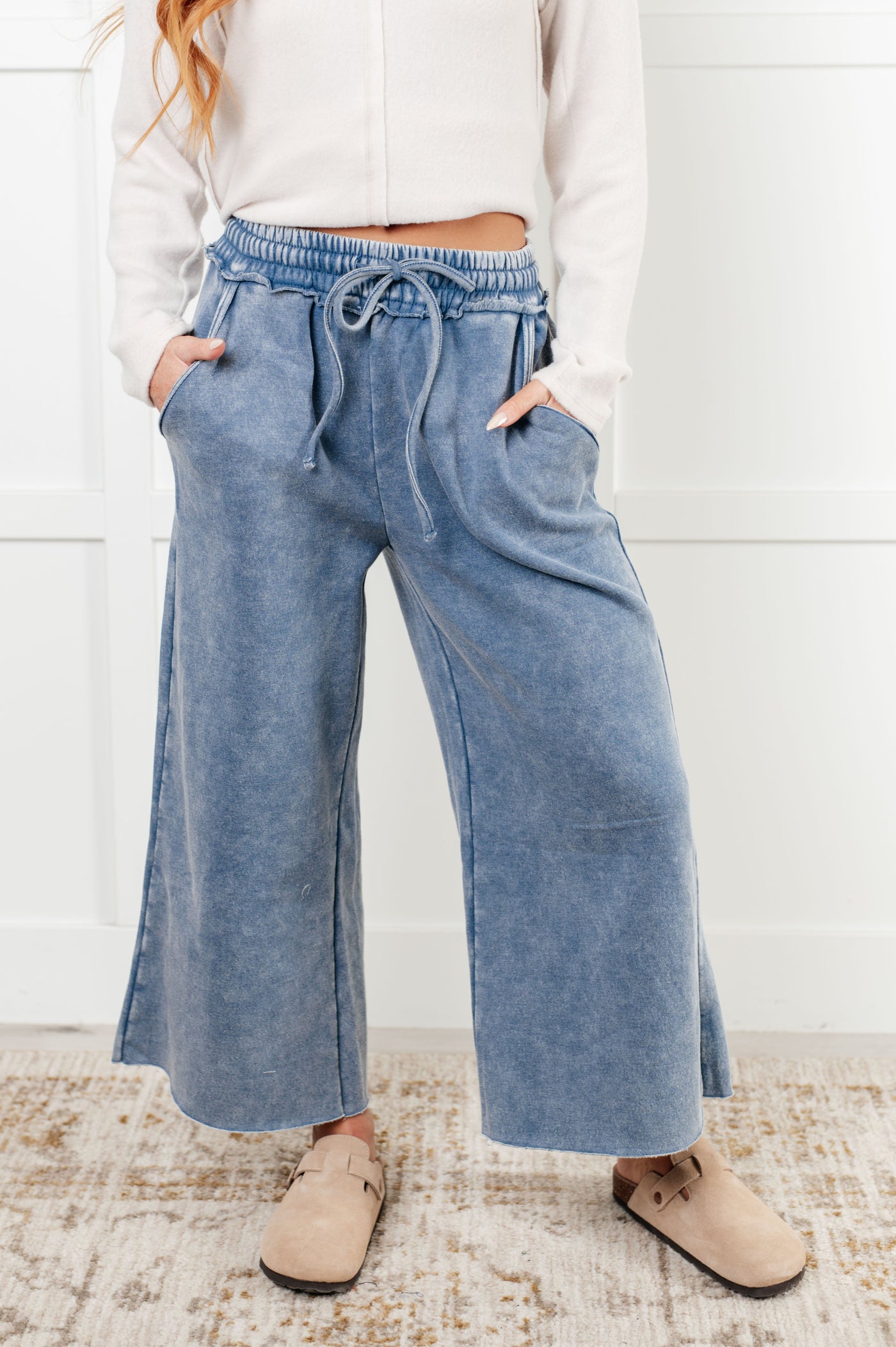 In or Out Wide Leg Cropped Pants in Dusty Blue-Athleisure-Ave Shops-Market Street Nest, Fashionable Clothing, Shoes and Home Décor Located in Mabank, TX