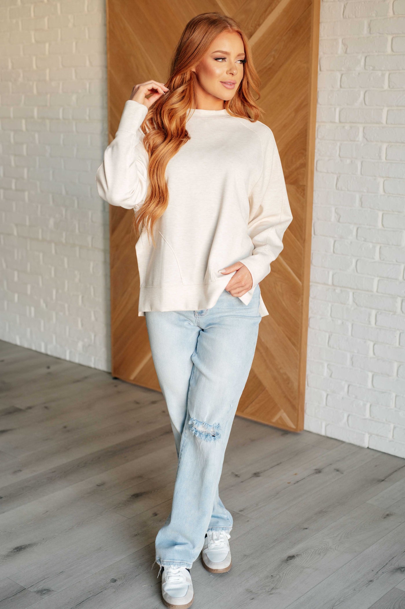 It's The Little Things Relaxed Scuba Pullover in Beige-Athleisure-Ave Shops-Market Street Nest, Fashionable Clothing, Shoes and Home Décor Located in Mabank, TX