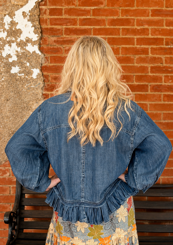 Ivy Jane Denim Blouse Jacket WIth Ruffle Peplum - Indigo-08-Tops-IVY JANE-Market Street Nest, Fashionable Clothing, Shoes and Home Décor Located in Mabank, TX
