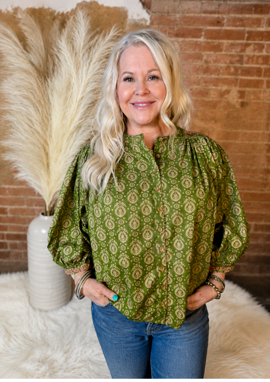 Ivy Jane Green Yoke Embroidered Top-08-Tops-IVY JANE-Market Street Nest, Fashionable Clothing, Shoes and Home Décor Located in Mabank, TX