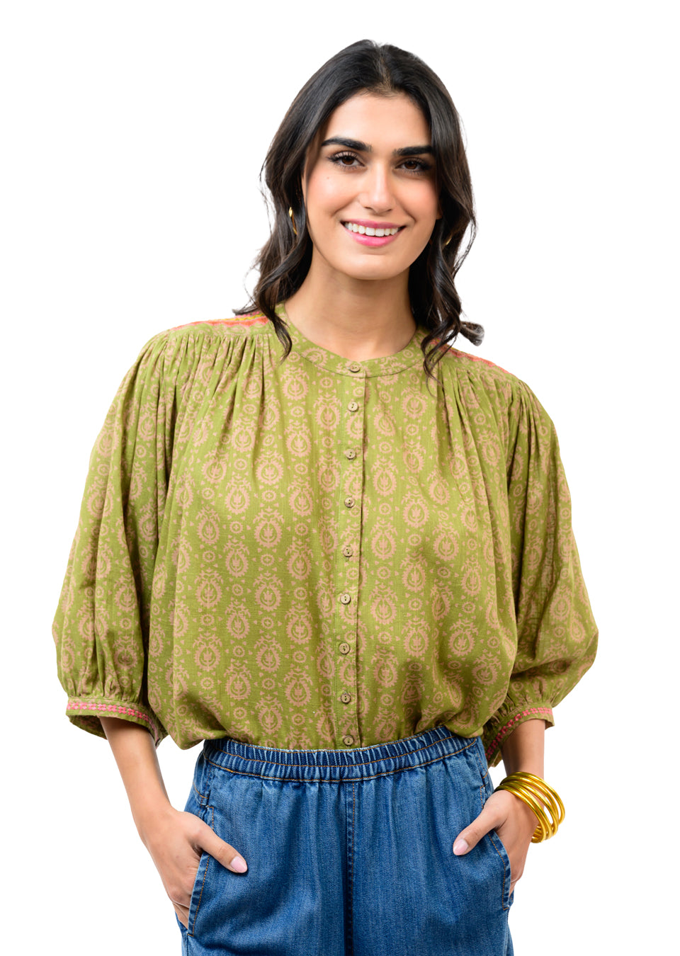 Ivy Jane Green Yoke Embroidered Top-08-Tops-IVY JANE-Market Street Nest, Fashionable Clothing, Shoes and Home Décor Located in Mabank, TX