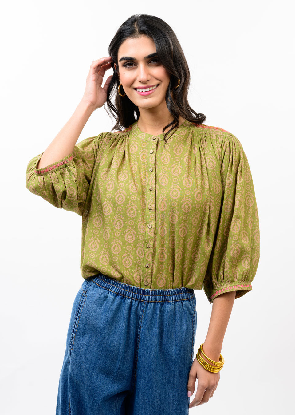 Ivy Jane Green Yoke Embroidered Top-08-Tops-IVY JANE-Market Street Nest, Fashionable Clothing, Shoes and Home Décor Located in Mabank, TX