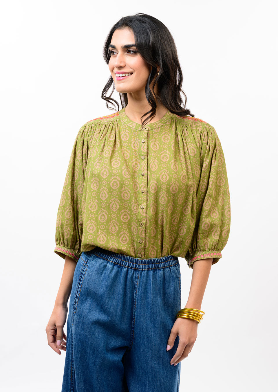 Ivy Jane Green Yoke Embroidered Top-08-Tops-IVY JANE-Market Street Nest, Fashionable Clothing, Shoes and Home Décor Located in Mabank, TX