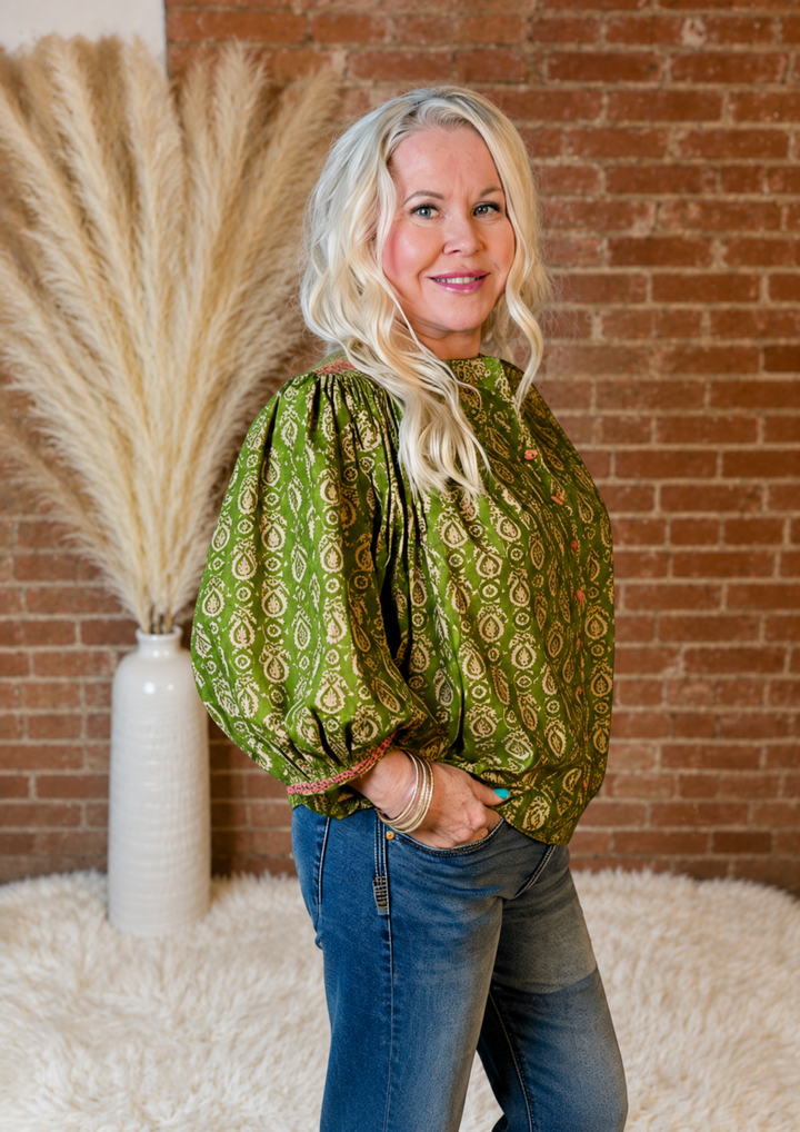 Ivy Jane Green Yoke Embroidered Top-08-Tops-IVY JANE-Market Street Nest, Fashionable Clothing, Shoes and Home Décor Located in Mabank, TX