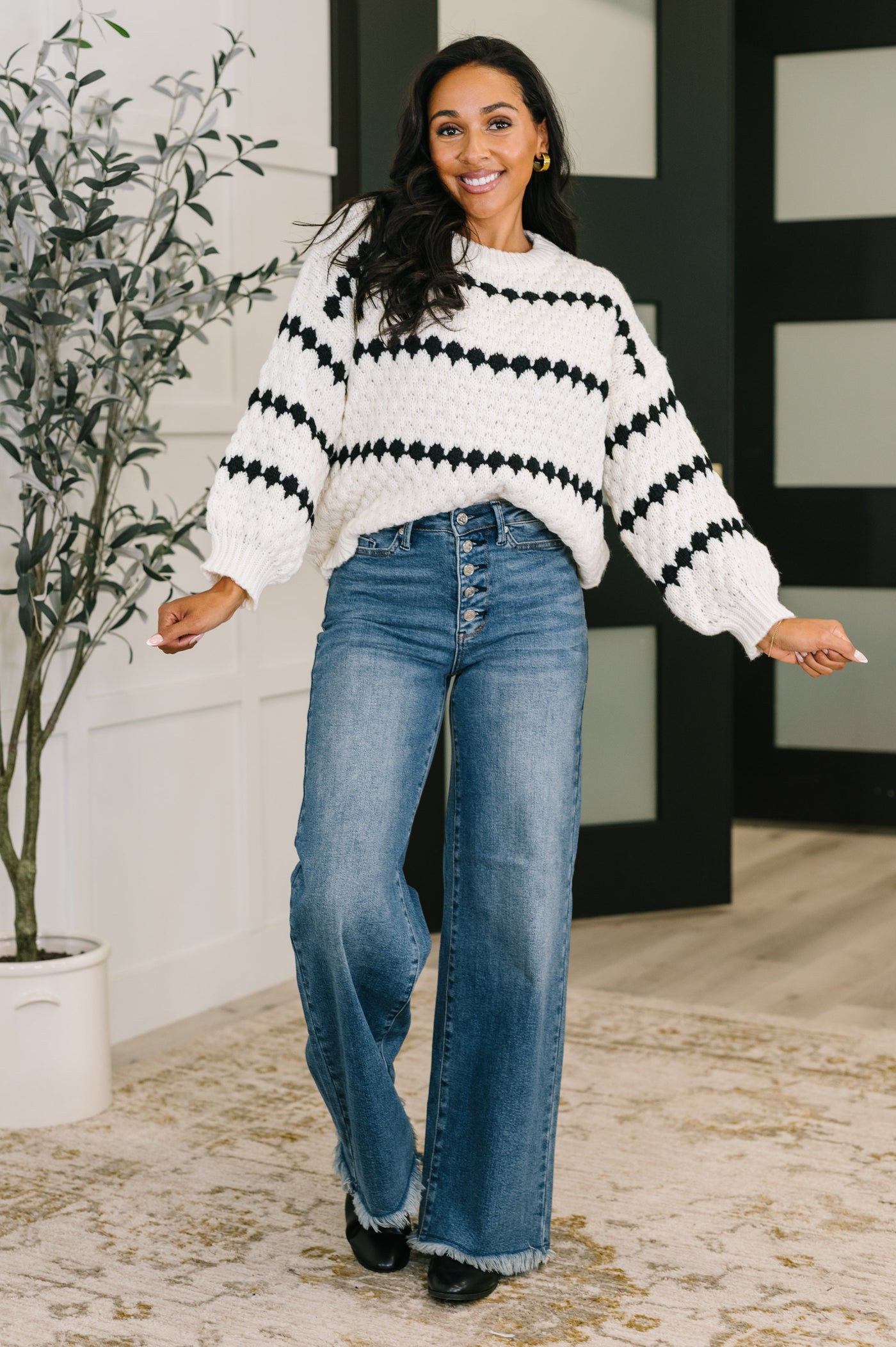 Ivy Lane Textured Sweater in White and Black-Womens-Ave Shops-Market Street Nest, Fashionable Clothing, Shoes and Home Décor Located in Mabank, TX