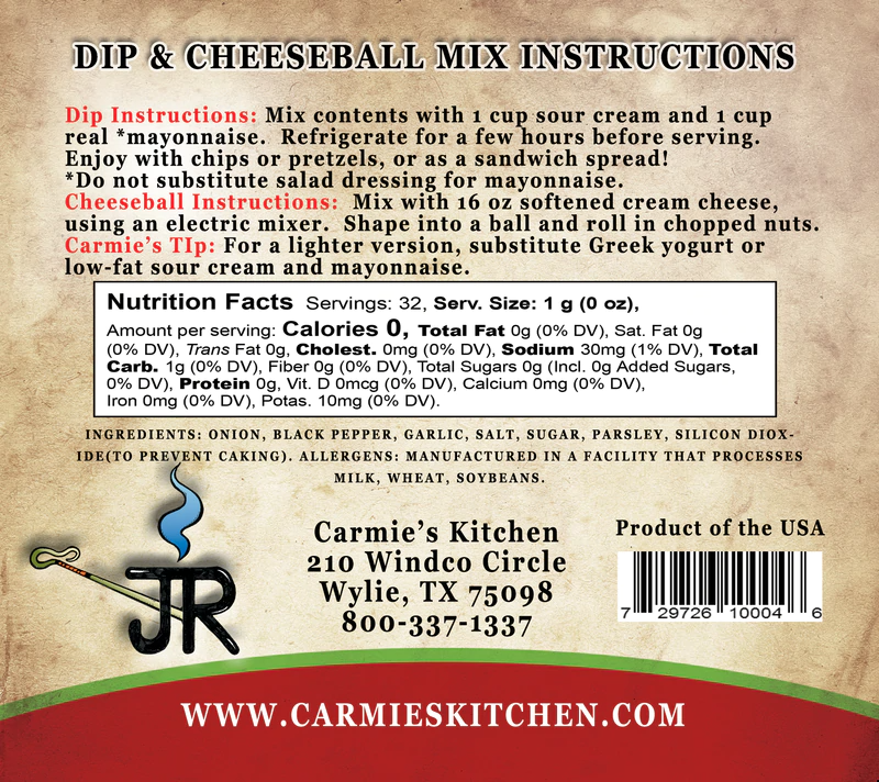 JR's Ranch Dip Mix-Carmie's Kitchen-Market Street Nest, Fashionable Clothing, Shoes and Home Décor Located in Mabank, TX