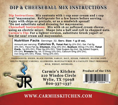 JR's Ranch Dip Mix-Carmie's Kitchen-Market Street Nest, Fashionable Clothing, Shoes and Home Décor Located in Mabank, TX