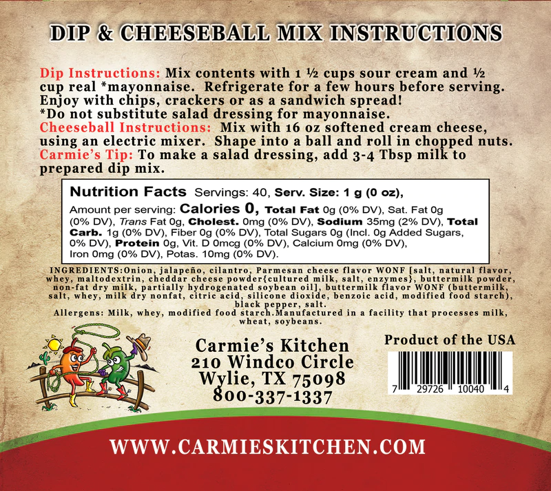 Jalapeno Ranch Dip Mix-Carmie's Kitchen-Market Street Nest, Fashionable Clothing, Shoes and Home Décor Located in Mabank, TX