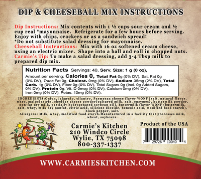 Jalapeno Ranch Dip Mix-Carmie's Kitchen-Market Street Nest, Fashionable Clothing, Shoes and Home Décor Located in Mabank, TX