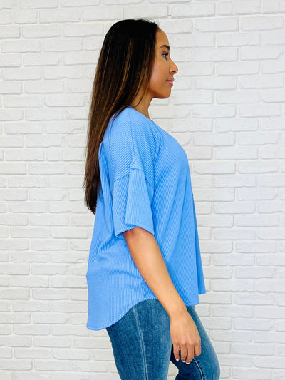 Just a Casual Girly V-Neck Basic Tee in Periwinkle Blue-Womens-Ave Shops-Market Street Nest, Fashionable Clothing, Shoes and Home Décor Located in Mabank, TX