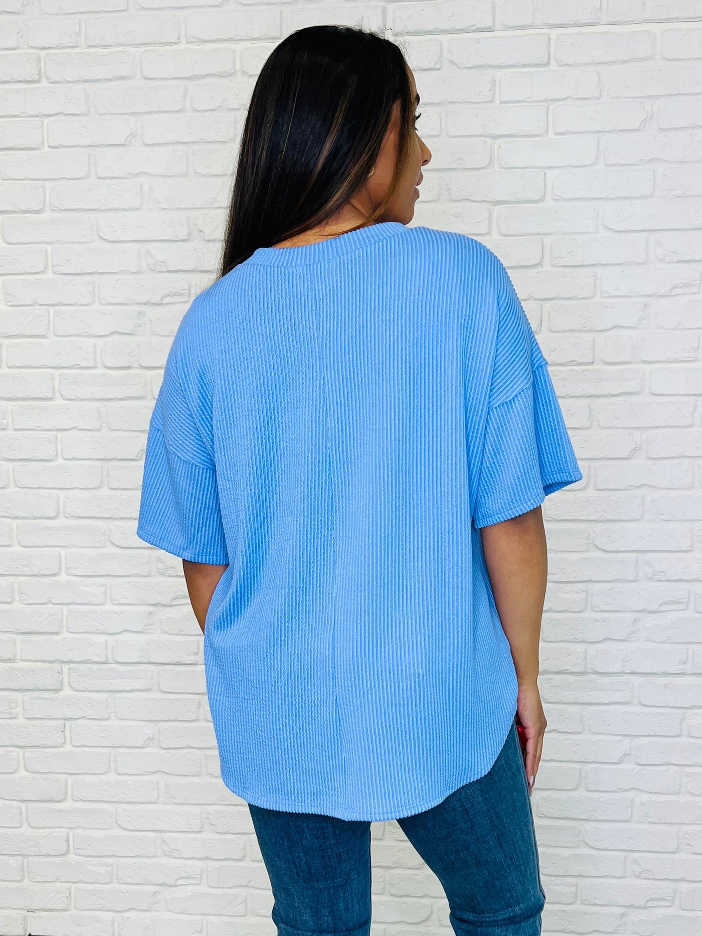 Just a Casual Girly V-Neck Basic Tee in Periwinkle Blue-Womens-Ave Shops-Market Street Nest, Fashionable Clothing, Shoes and Home Décor Located in Mabank, TX