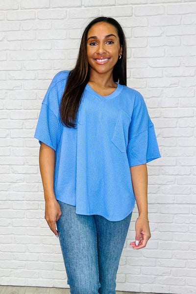 Just a Casual Girly V-Neck Basic Tee in Periwinkle Blue-Womens-Ave Shops-Market Street Nest, Fashionable Clothing, Shoes and Home Décor Located in Mabank, TX