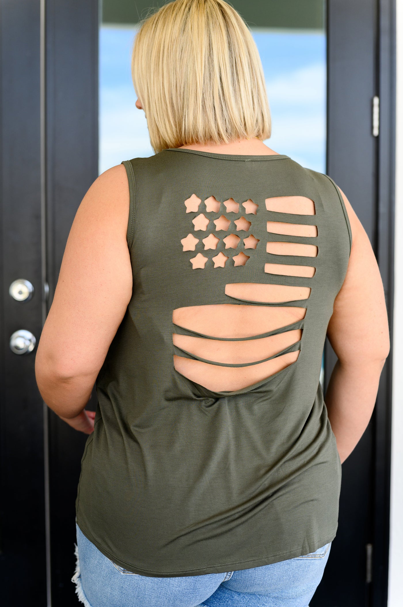 Land of the Free Tank in Olive-Tops-Ave Shops-Market Street Nest, Fashionable Clothing, Shoes and Home Décor Located in Mabank, TX