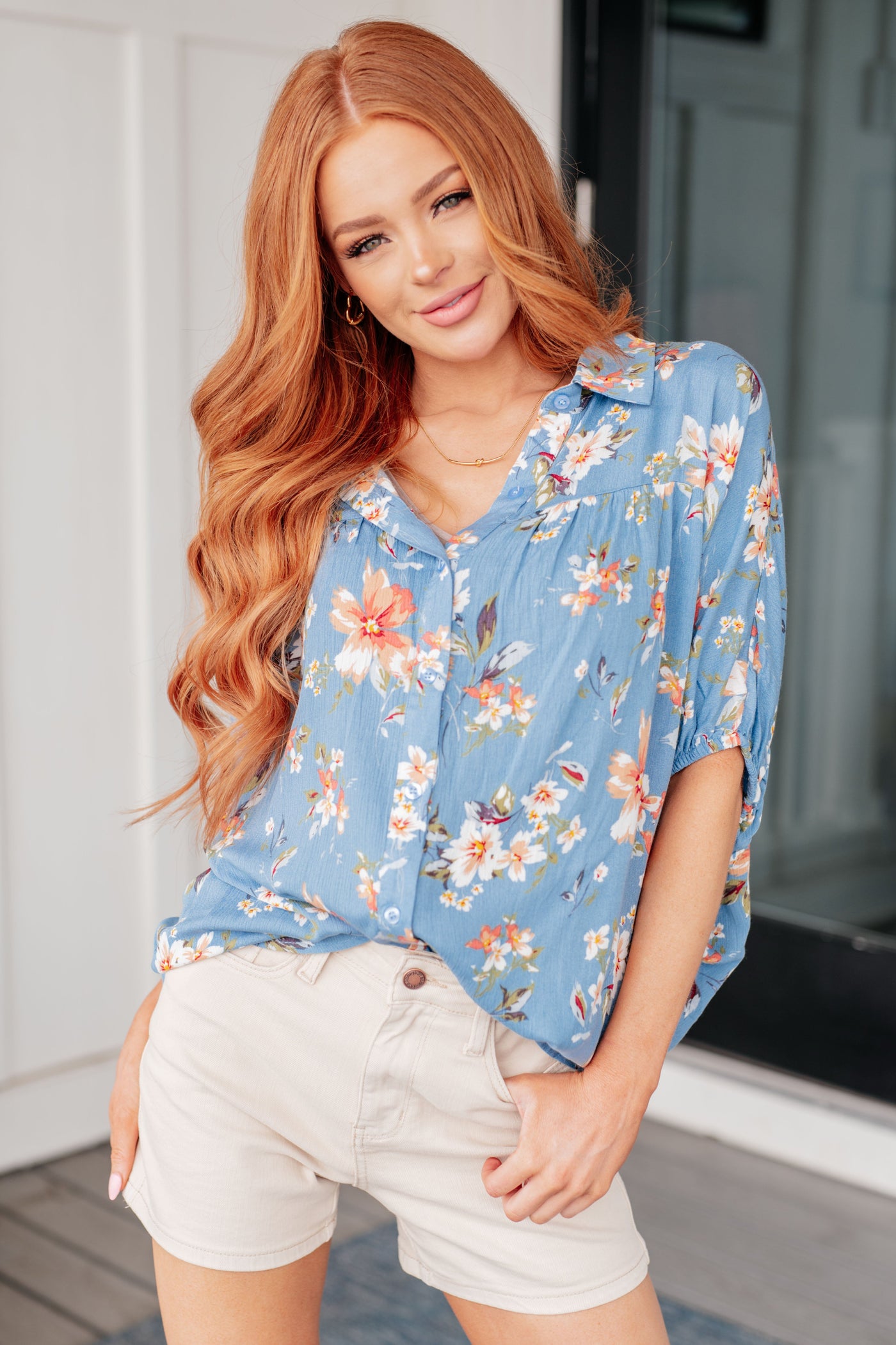 Lanikai Floral Button Down-Tops-Ave Shops-Market Street Nest, Fashionable Clothing, Shoes and Home Décor Located in Mabank, TX
