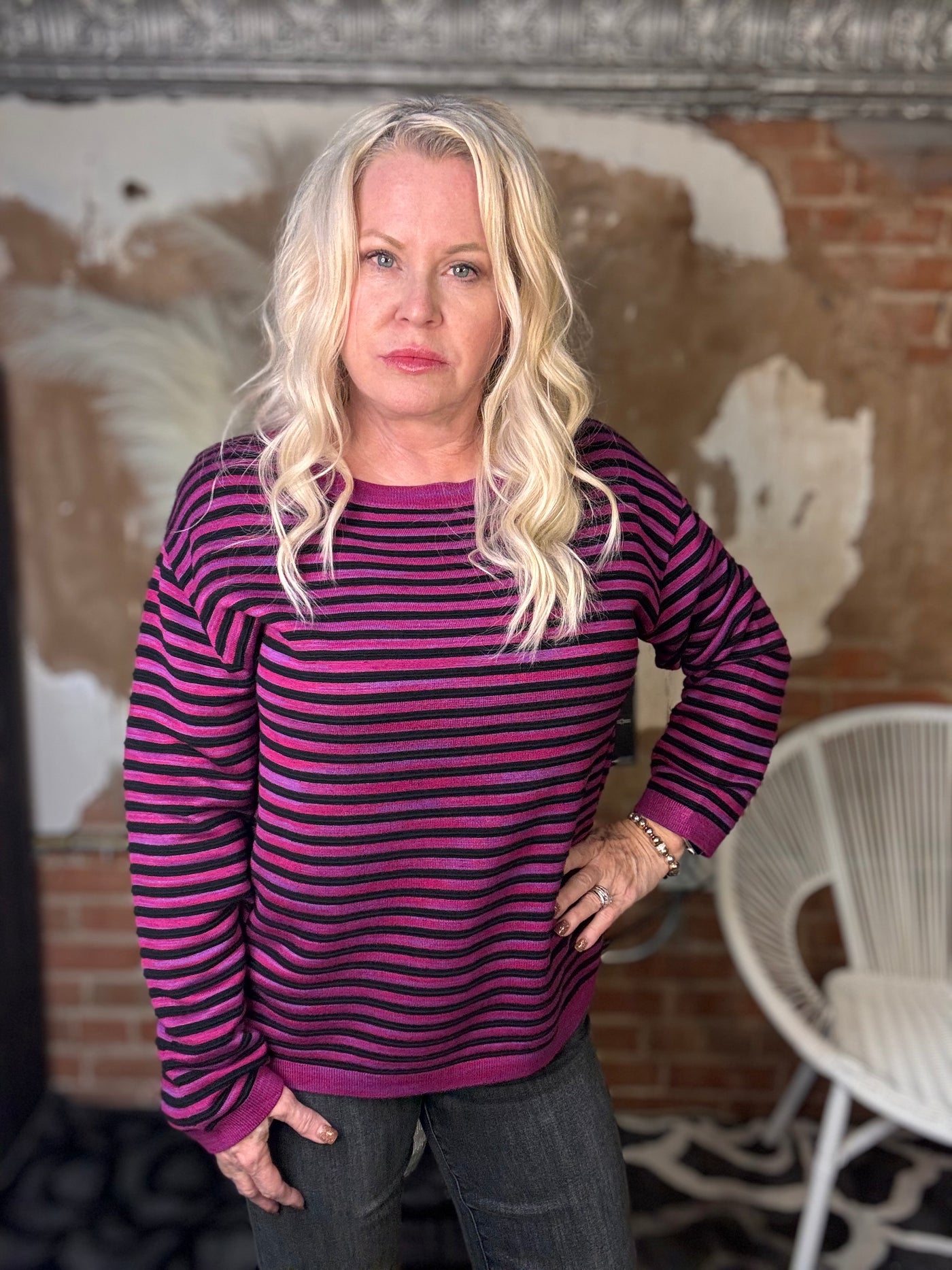 Liverpool 3/4 Sleeve Boxy Cropped Stripe Top in Fuchsia Space Dye-Tops-Liverpool-Market Street Nest, Fashionable Clothing, Shoes and Home Décor Located in Mabank, TX