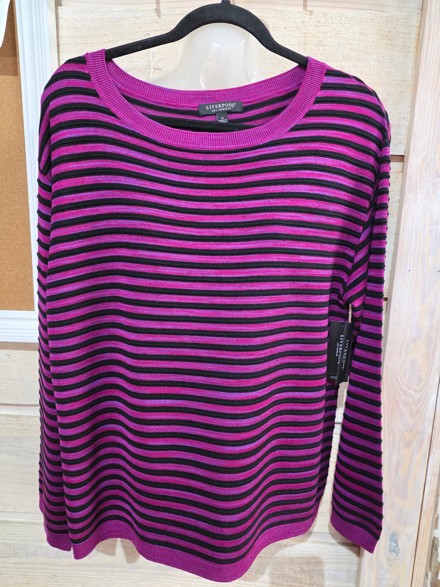 Liverpool 3/4 Sleeve Boxy Cropped Stripe Top in Fuchsia Space Dye-Tops-Liverpool-Market Street Nest, Fashionable Clothing, Shoes and Home Décor Located in Mabank, TX