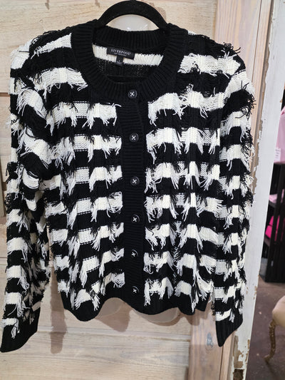 Liverpool Black and White Fringe Cardigan Sweater-Tops-Liverpool-Market Street Nest, Fashionable Clothing, Shoes and Home Décor Located in Mabank, TX