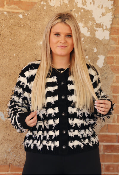 Liverpool Black and White Fringe Cardigan Sweater-Tops-Liverpool-Market Street Nest, Fashionable Clothing, Shoes and Home Décor Located in Mabank, TX