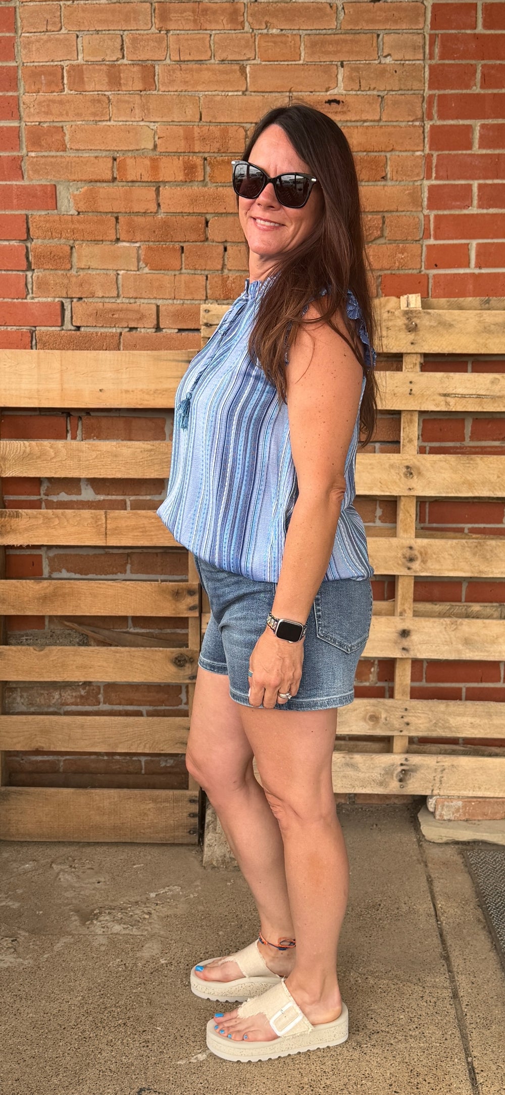 Liverpool Flutter Sleeve Ruffled Woven Top-08-Tops-Liverpool-Market Street Nest, Fashionable Clothing, Shoes and Home Décor Located in Mabank, TX