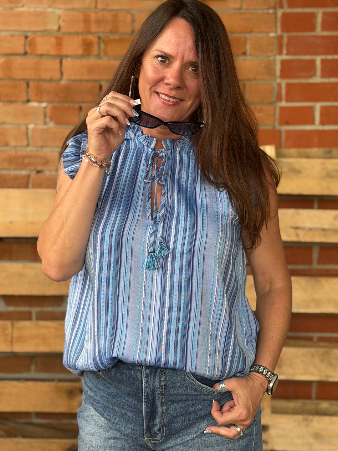 Liverpool Flutter Sleeve Ruffled Woven Top-08-Tops-Liverpool-Market Street Nest, Fashionable Clothing, Shoes and Home Décor Located in Mabank, TX