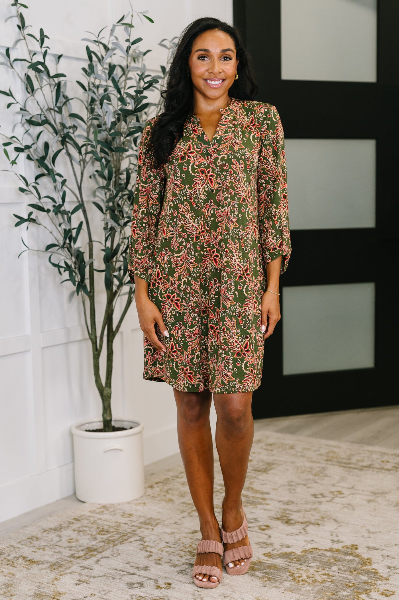 Lizzy Long Sleeve Dress in Olive Paisley-Womens-Ave Shops-Market Street Nest, Fashionable Clothing, Shoes and Home Décor Located in Mabank, TX