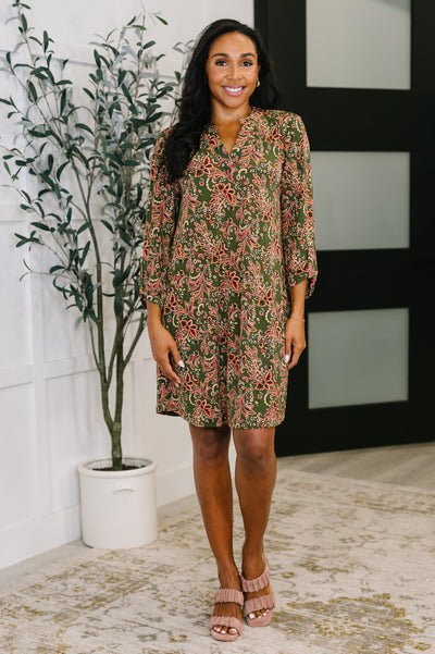 Lizzy Long Sleeve Dress in Olive Paisley-Womens-Ave Shops-Market Street Nest, Fashionable Clothing, Shoes and Home Décor Located in Mabank, TX