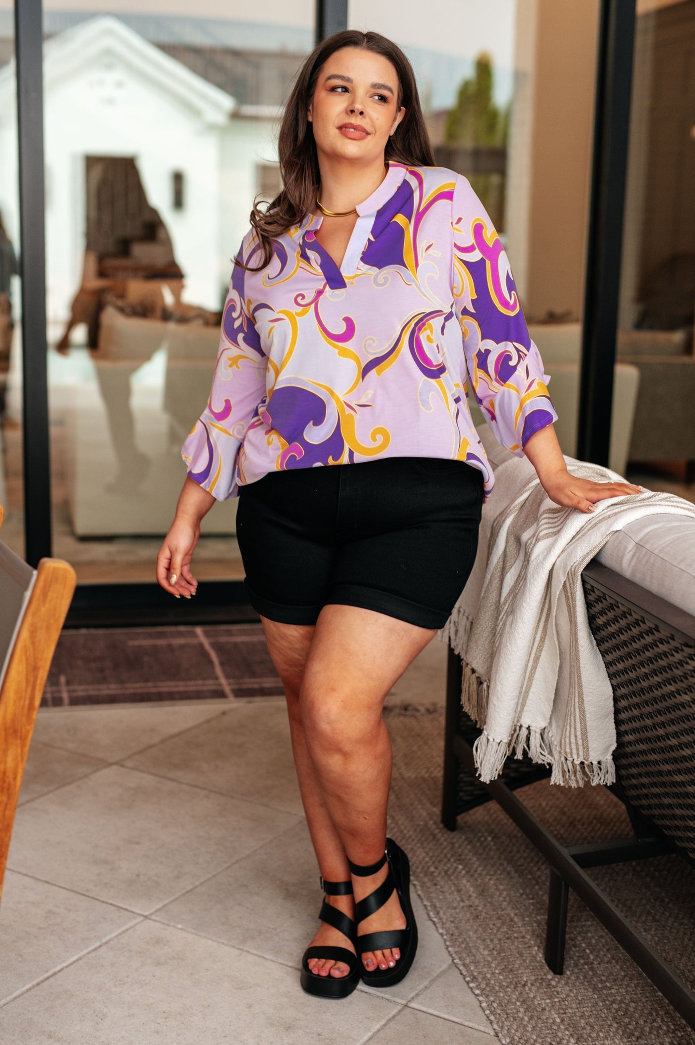 Lizzy Bell Sleeve Top in Regal Lavender and Gold-Tops-Ave Shops-Market Street Nest, Fashionable Clothing, Shoes and Home Décor Located in Mabank, TX