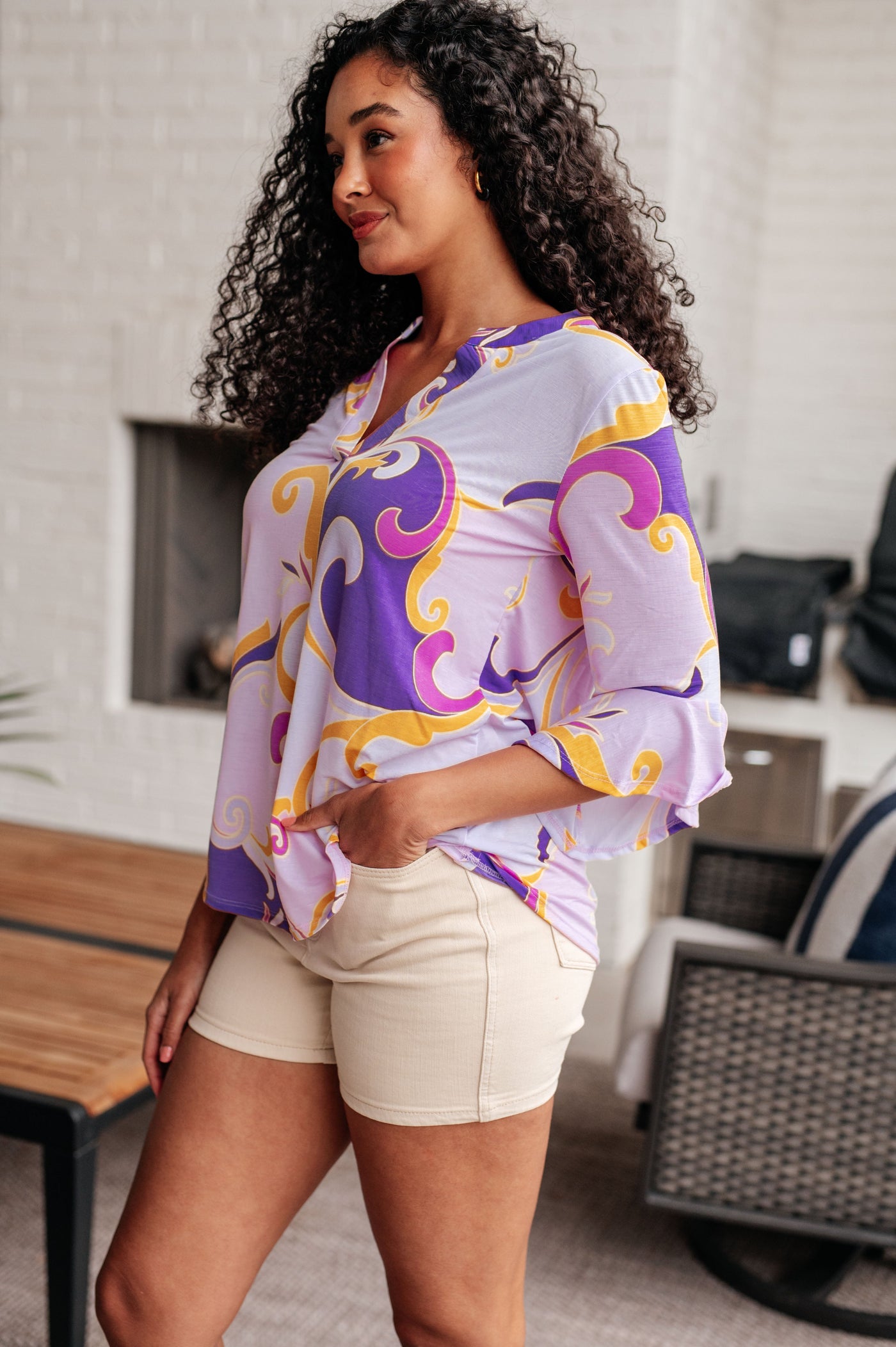 Lizzy Bell Sleeve Top in Regal Lavender and Gold-Tops-Ave Shops-Market Street Nest, Fashionable Clothing, Shoes and Home Décor Located in Mabank, TX