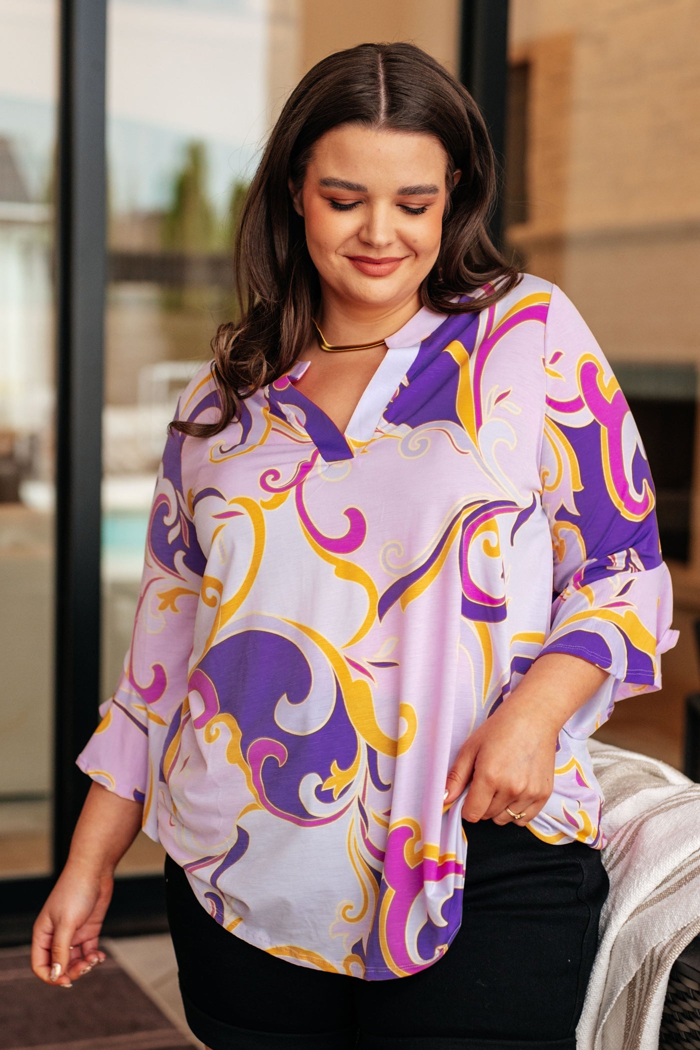 Lizzy Bell Sleeve Top in Regal Lavender and Gold-Tops-Ave Shops-Market Street Nest, Fashionable Clothing, Shoes and Home Décor Located in Mabank, TX