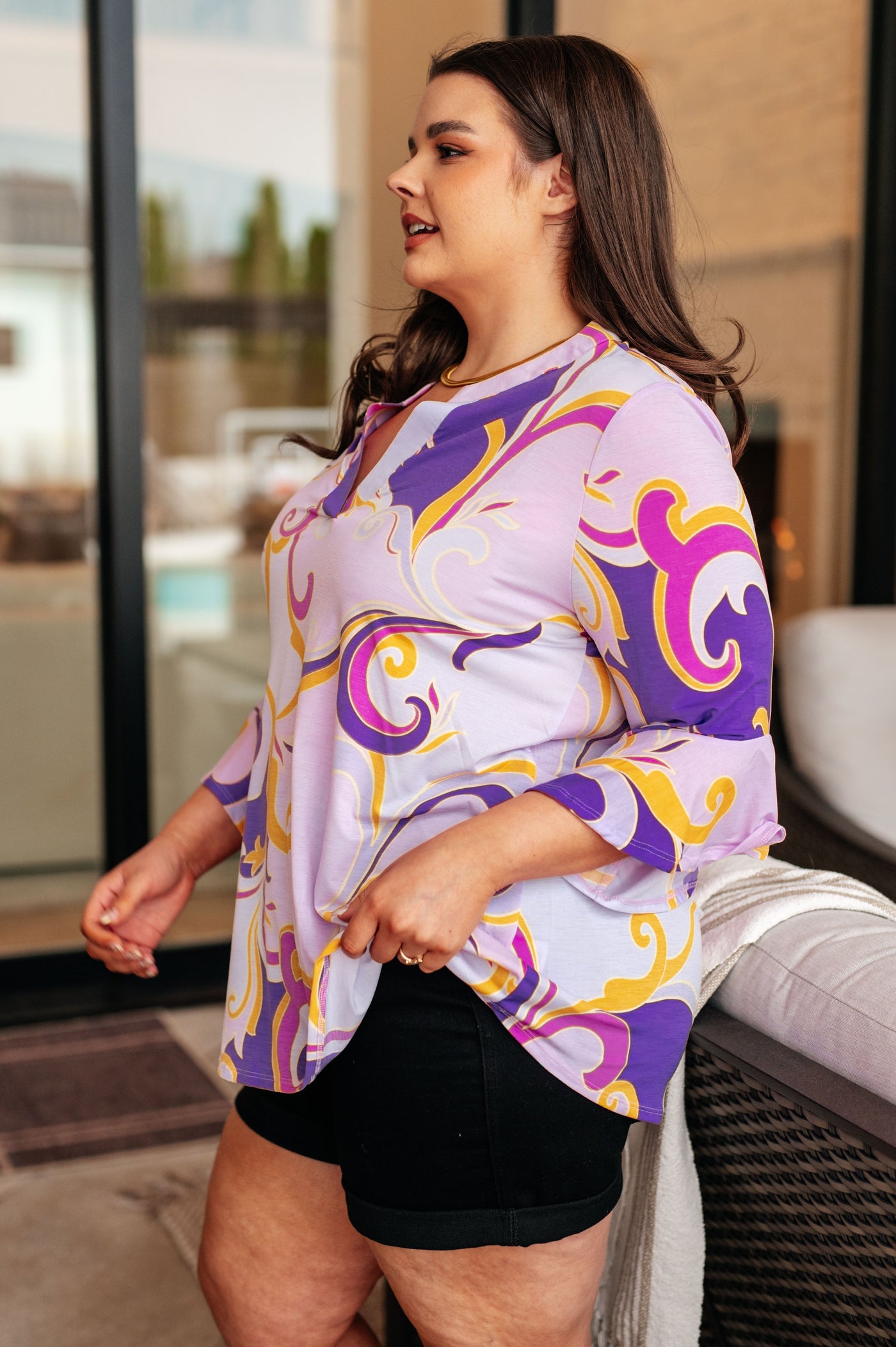 Lizzy Bell Sleeve Top in Regal Lavender and Gold-Tops-Ave Shops-Market Street Nest, Fashionable Clothing, Shoes and Home Décor Located in Mabank, TX