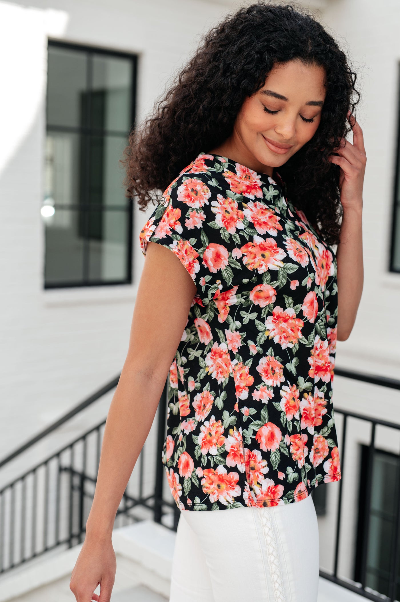 Lizzy Cap Sleeve Top in Black and Coral Floral-Tops-Ave Shops-Market Street Nest, Fashionable Clothing, Shoes and Home Décor Located in Mabank, TX