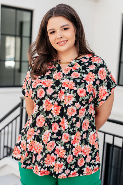 Lizzy Cap Sleeve Top in Black and Coral Floral-Tops-Ave Shops-Market Street Nest, Fashionable Clothing, Shoes and Home Décor Located in Mabank, TX