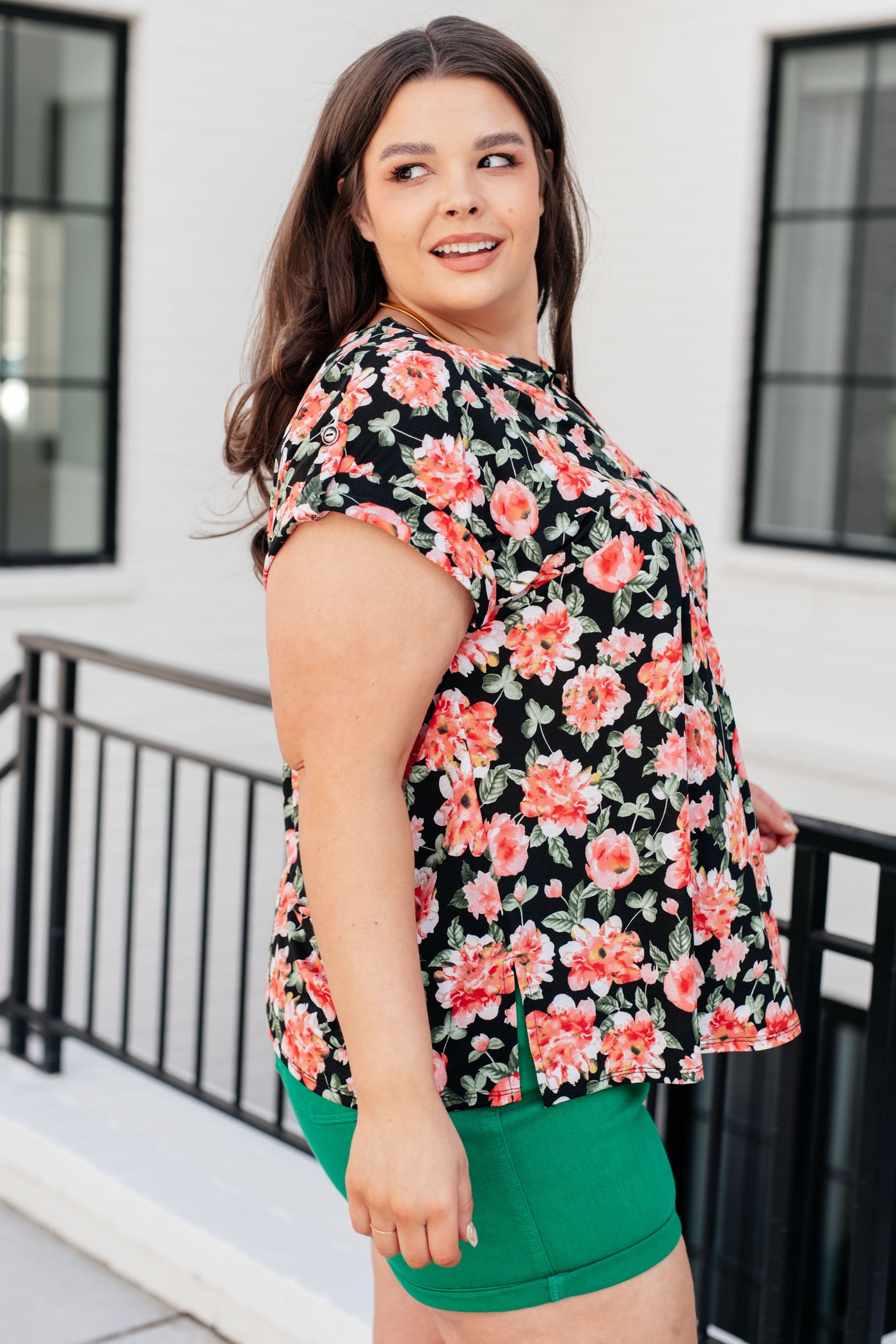 Lizzy Cap Sleeve Top in Black and Coral Floral-Tops-Ave Shops-Market Street Nest, Fashionable Clothing, Shoes and Home Décor Located in Mabank, TX