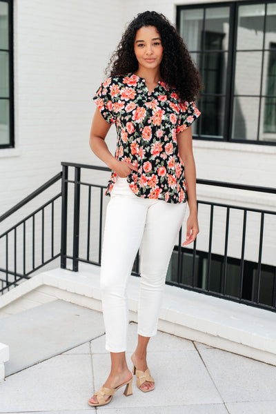 Lizzy Cap Sleeve Top in Black and Coral Floral-Tops-Ave Shops-Market Street Nest, Fashionable Clothing, Shoes and Home Décor Located in Mabank, TX