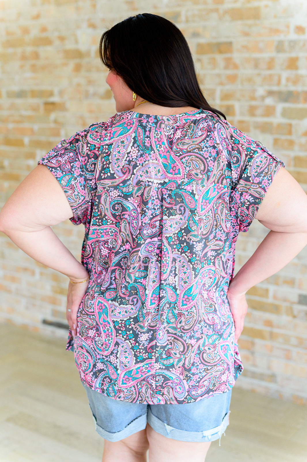 Lizzy Cap Sleeve Top in Charcoal and Pink Paisley-Tops-Ave Shops-Market Street Nest, Fashionable Clothing, Shoes and Home Décor Located in Mabank, TX