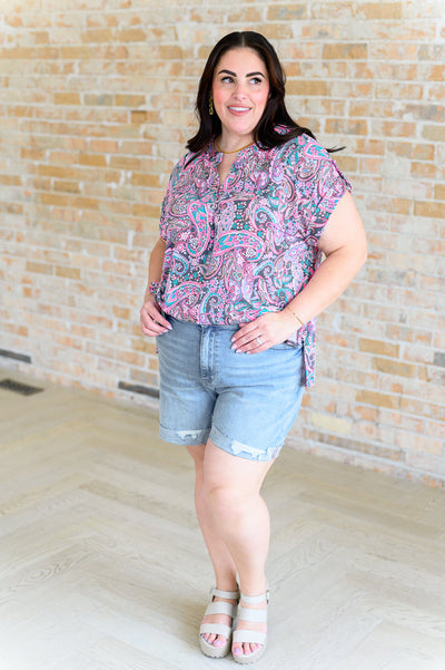 Lizzy Cap Sleeve Top in Charcoal and Pink Paisley-Tops-Ave Shops-Market Street Nest, Fashionable Clothing, Shoes and Home Décor Located in Mabank, TX