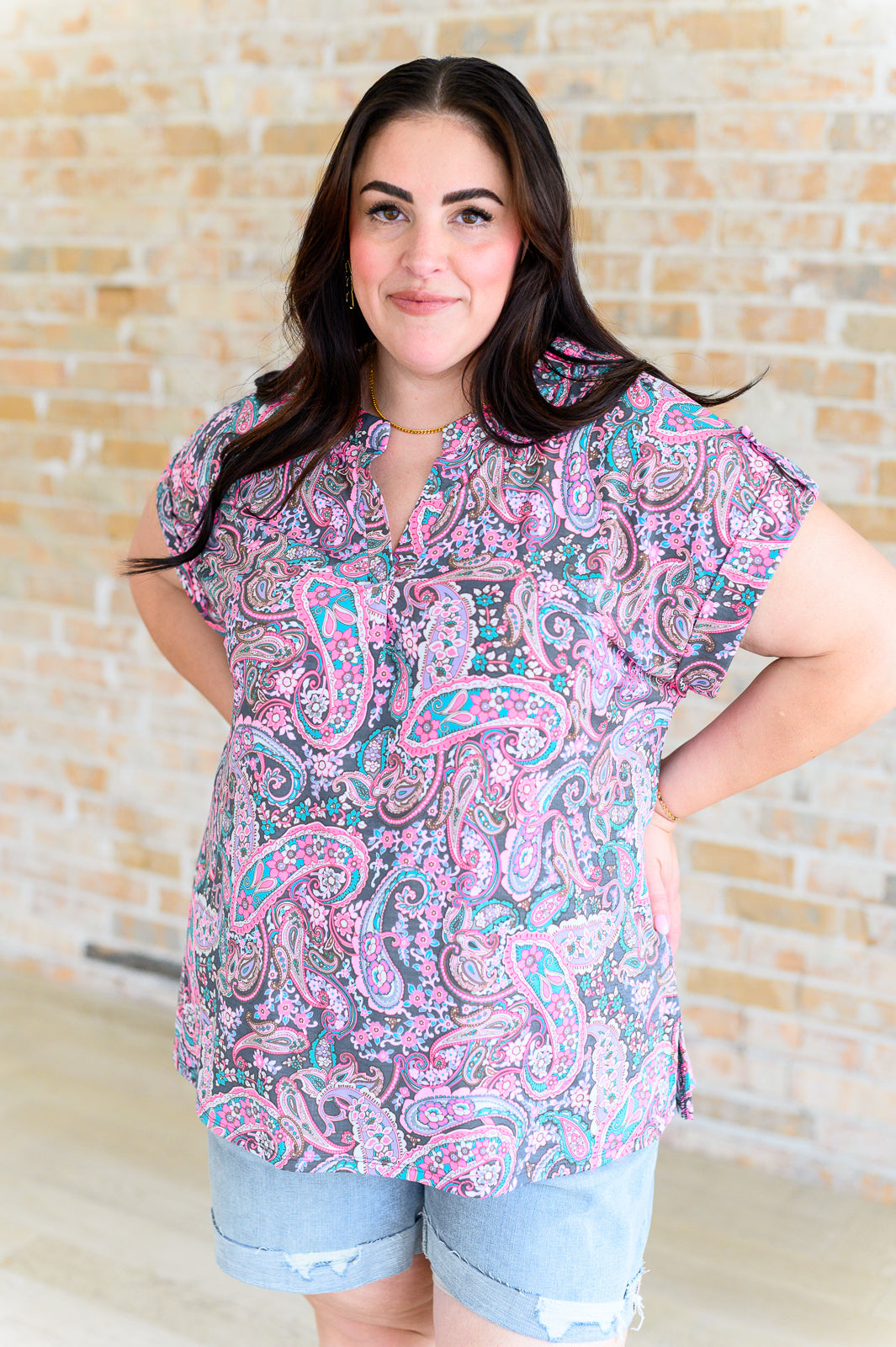 Lizzy Cap Sleeve Top in Charcoal and Pink Paisley-Tops-Ave Shops-Market Street Nest, Fashionable Clothing, Shoes and Home Décor Located in Mabank, TX