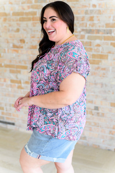 Lizzy Cap Sleeve Top in Charcoal and Pink Paisley-Tops-Ave Shops-Market Street Nest, Fashionable Clothing, Shoes and Home Décor Located in Mabank, TX